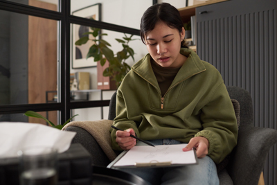 young woman sketching in a cozy room with green accents and a relaxed atmosphere art and creativity in three dimensions