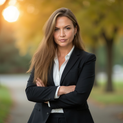 confident woman standing outdoors in business attire with arms crossed in a park at sunset showcasing professional demeanor and leadership qualities related to success and 11 key traits